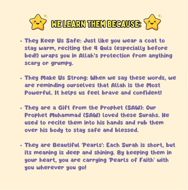 A page from My 4 Quls explaining why we learn the 4 Quls: they keep us safe, make us strong, are a gift from the Prophet and are Pearls of Faith