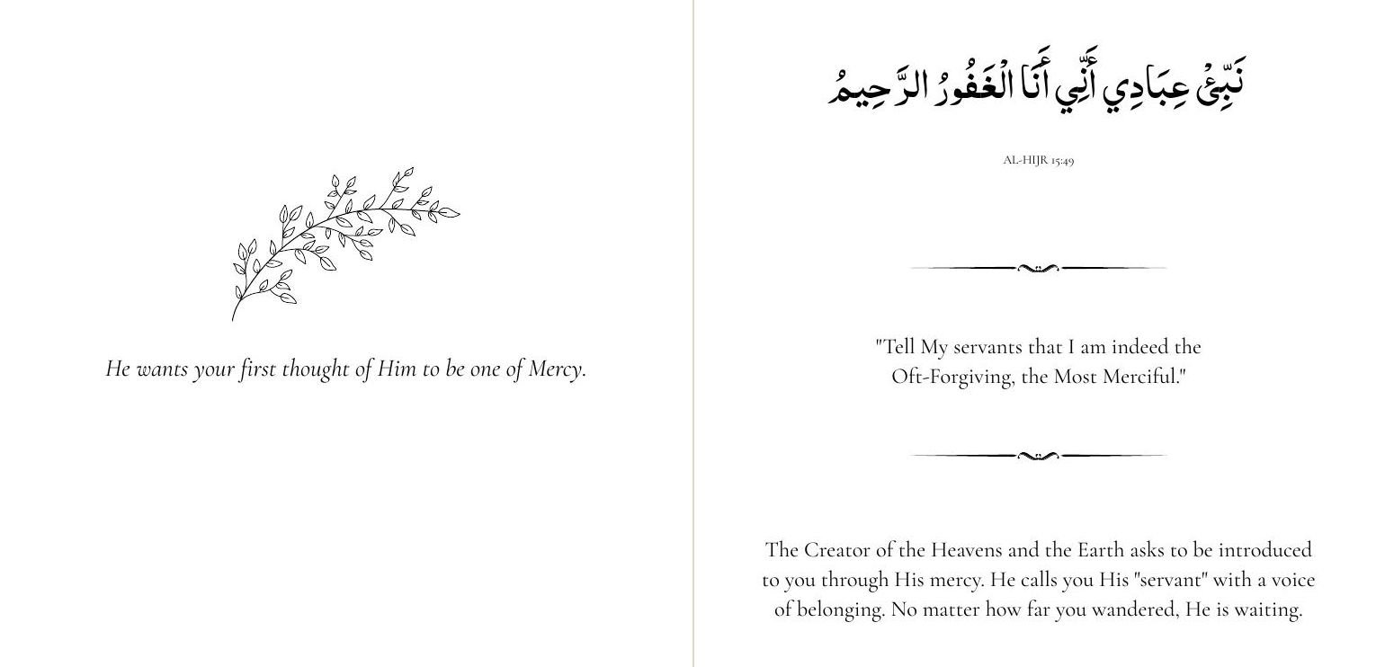 A spread from the book Allah Forgives You: the line He wants your first thought of Him to be one of Mercy, and Quran 15:49, Tell My servants that I am the Oft-Forgiving, the Most Merciful