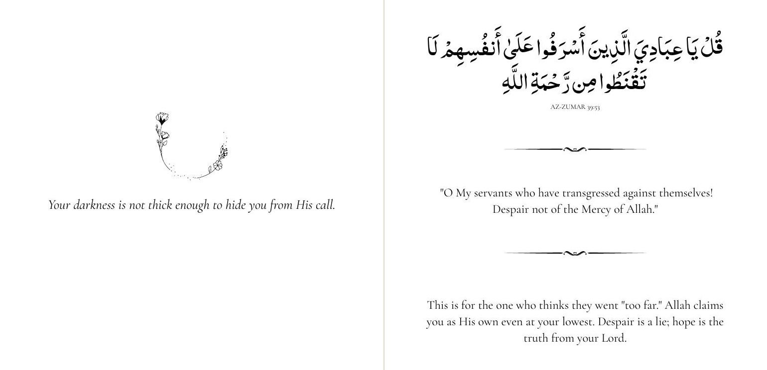 A spread from the book Allah Forgives You: the line Your darkness is not thick enough to hide you from His call, with the Arabic and translation of Quran 39:53