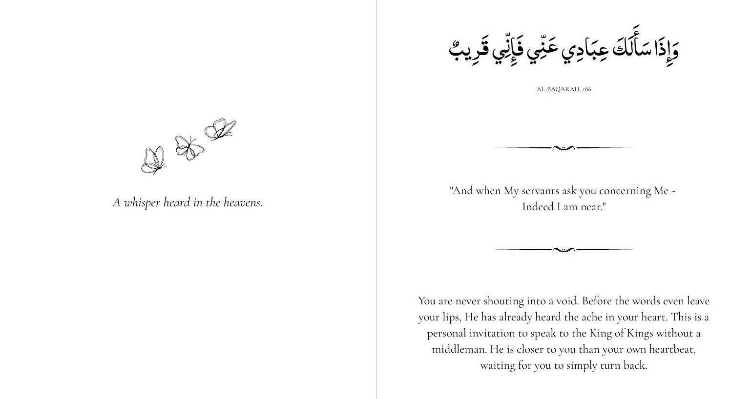 A spread from the book Allah Is Near: a left page with butterflies and the line A whisper heard in the heavens, and a right page with the Arabic of Quran 2:186, the translation, and a reflection