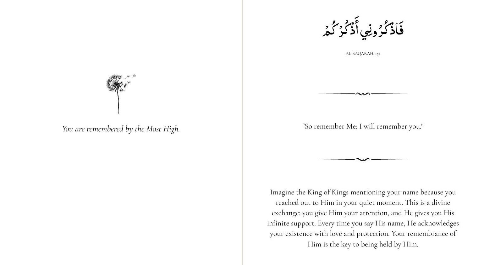 A spread from the book Allah Is Near showing the line You are remembered by the Most High and the Arabic and translation of Quran 2:152, So remember Me; I will remember you