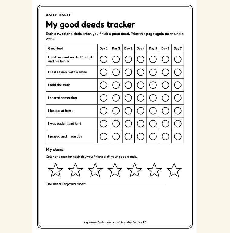 A page from the Ayyam-e-Fatimiyya Kids Activity Book: a seven-day good deeds tracker with stars to colour