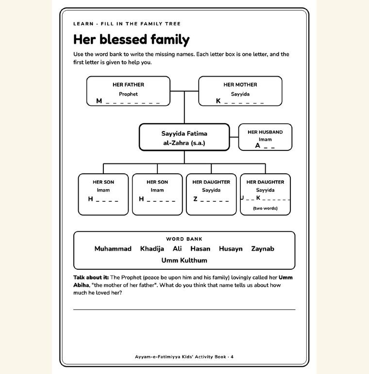 A page from the Ayyam-e-Fatimiyya Kids Activity Book: fill in the blessed family tree of Lady Fatima using the word bank