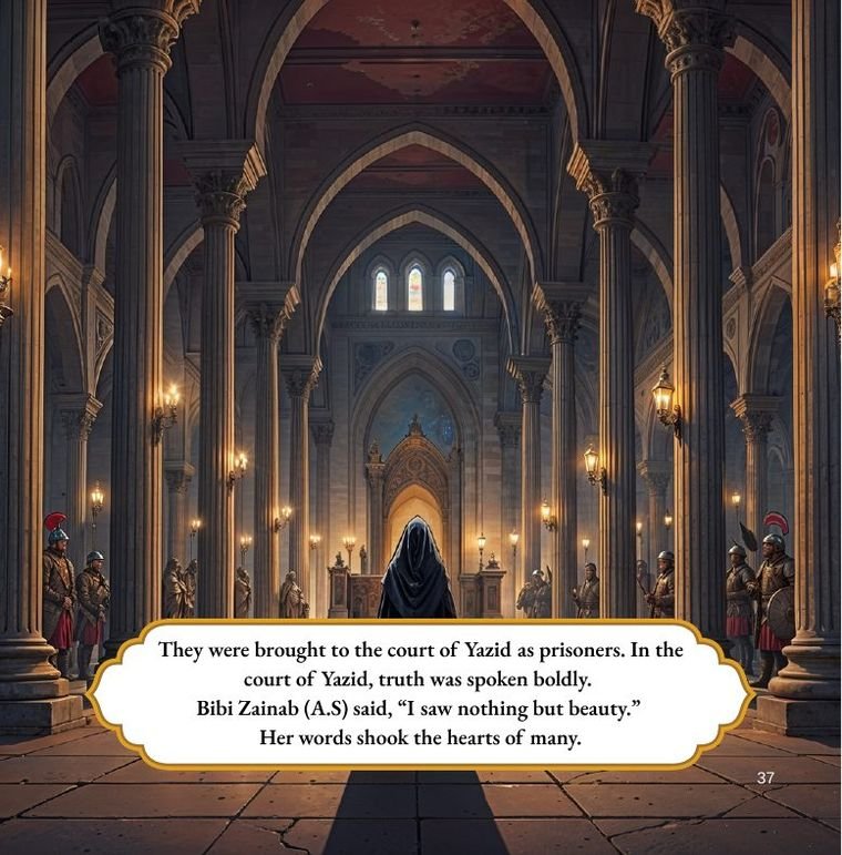 A page from The Story of Karbala for Kids showing the court of Yazid and Bibi Zainab speaking