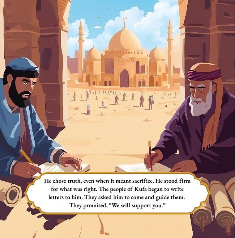 A page from The Story of Karbala for Kids showing the people of Kufa writing letters to Imam Hussain