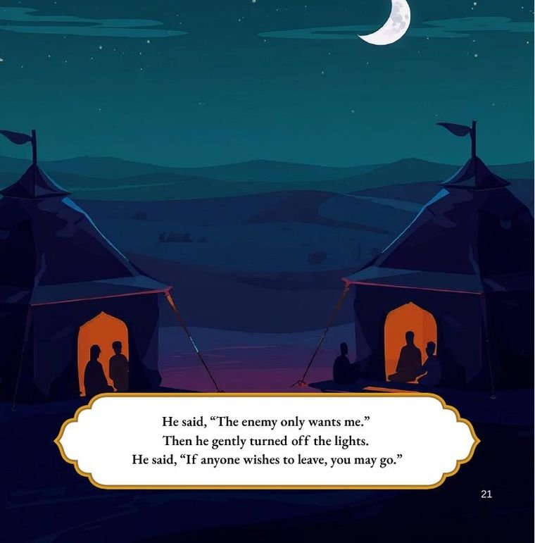 A page from The Story of Karbala for Kids showing Imam Hussain turning off the lights on the night of Ashura