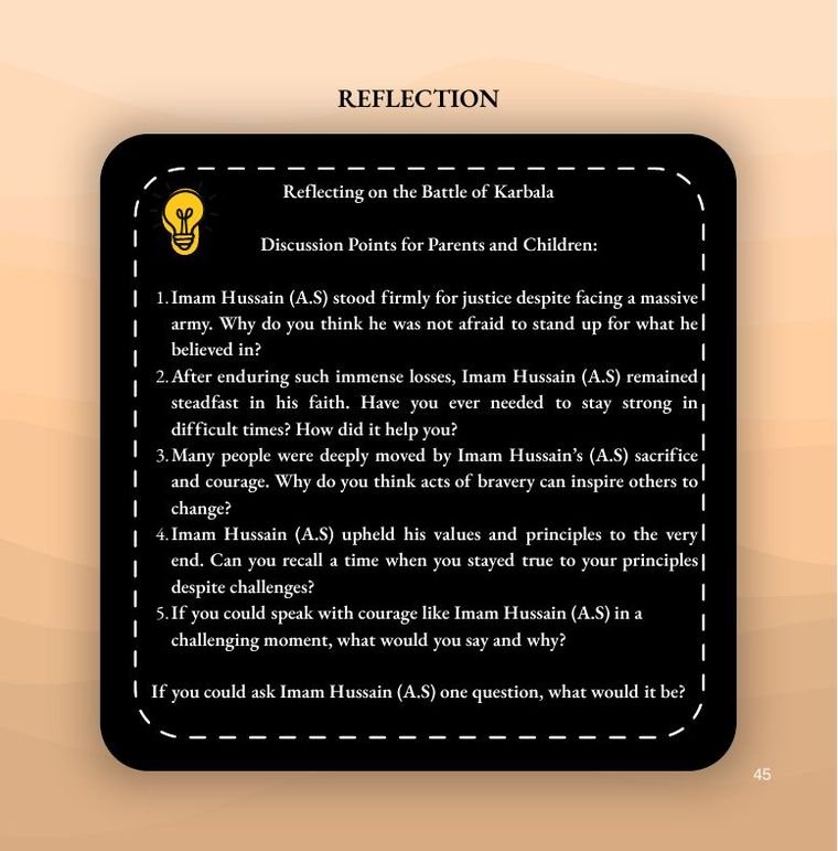 The reflection page of The Story of Karbala for Kids with discussion questions for parents and children