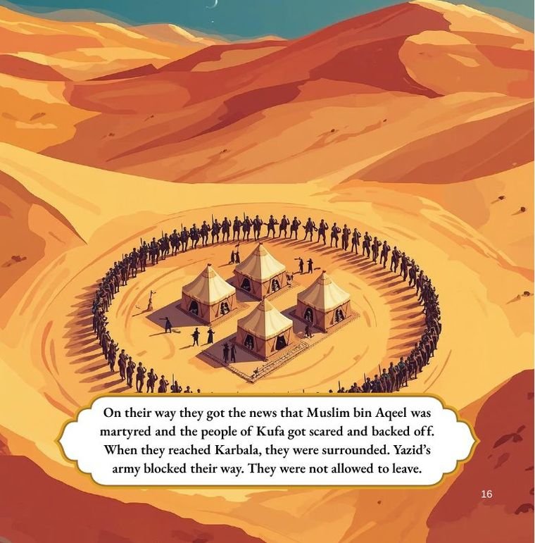 A page from The Story of Karbala for Kids showing the camp at Karbala surrounded by an army