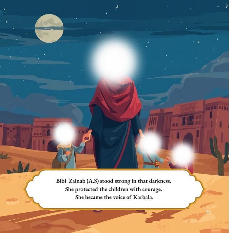 A page from The Story of Karbala for Kids showing Bibi Zainab standing in the dark protecting the children